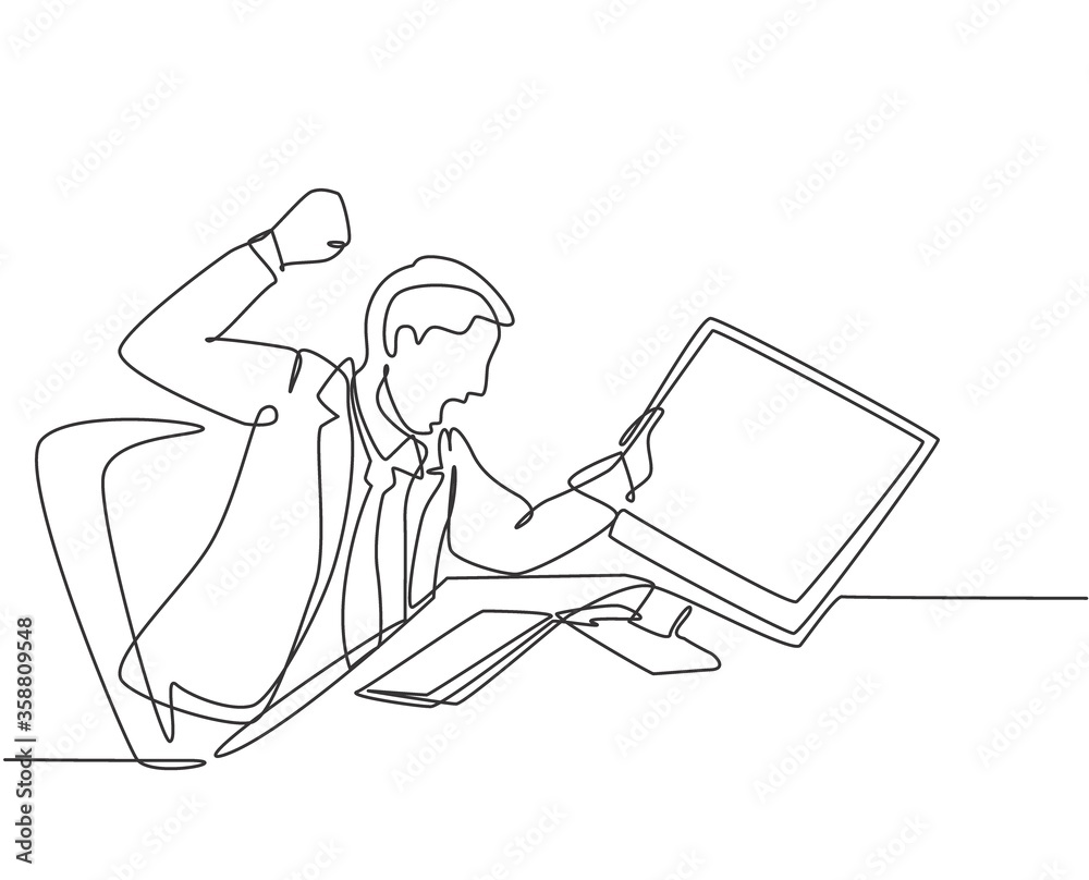Fototapete Single continuous line drawing of young frustrated employee ready to punch monitor computer using his fist hand. Work pressure at the office concept one line draw graphic design vector illustration