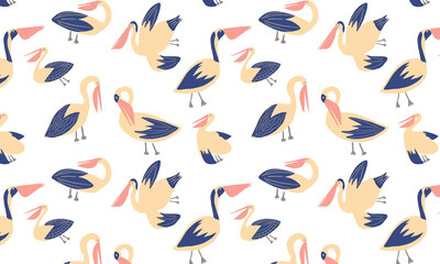 Vibrant pelican seamless pattern, large birds seamless pattern