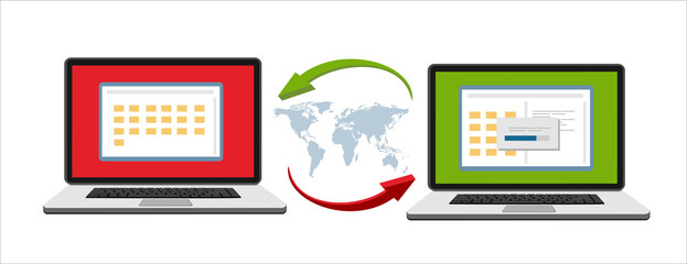 File transfer. Two laptops with document on screen and transferred documents. Copy files, data exchange, backup, PC migration, file sharing concepts. Flat design graphic elements. Vector illustration