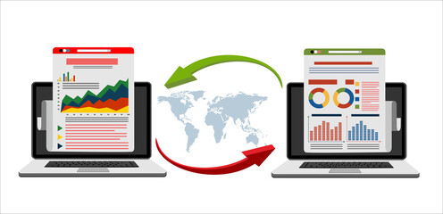 File transfer. Two laptops with document on screen and transferred documents. Copy files, data exchange, backup, PC migration, file sharing concepts. Flat design graphic elements. Vector illustration