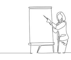 One single line drawing of young female presenter teaching how to do effective presentation. Productive presentation at the office concept continuous line draw design vector graphic illustration
