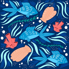 Seamless sea Pattern with fish, Corals and shells in cartoon style.