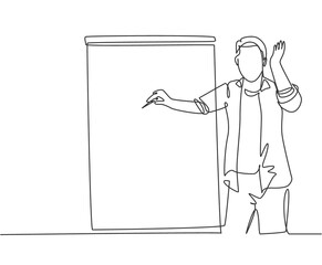 One continuous line drawing of young presenter pointing finger on audience who want to ask while doing presentation. Workshop presentation concept single line draw design graphic vector illustration