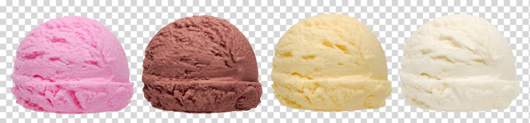 Strawberry, vanilla, chocolate different flavor ice cream scoops side view on isolated...