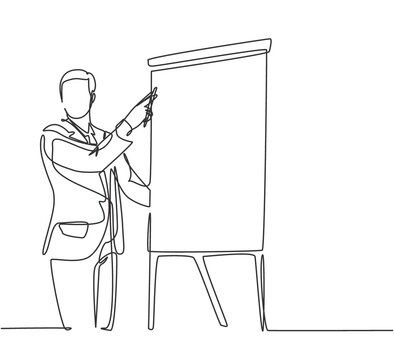 recommend clip art: One single line drawing of young happy startup founder presenting business proposal to the investors. Business presentation at the office concept continuous line graphic draw design illustration