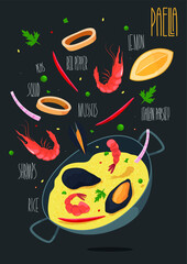 Paella. Traditional Spanish meal with rice and seafood. Vector Illustration