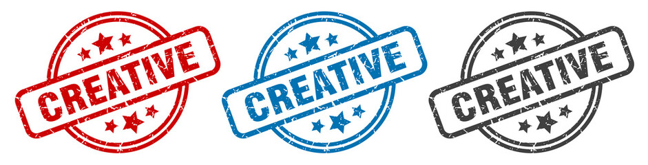 creative stamp. creative round isolated sign. creative label set