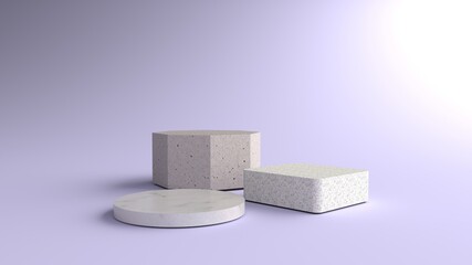 3D Render of Abstract violet Composition with Podium. Minimal Studio with Square,Round and Octagonal Pedestal. Pedestal can be used for advertising, Isolated on violet background,Product Presentation.