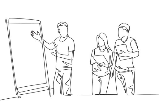 One single line drawing of young happy startup members discussing company growth and writing at flip chart. Business presentation concept continuous line graphic draw design vector illustration