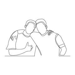 Continuous line drawing of men embrace together in friendship. Vector illustration