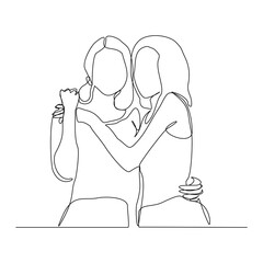 Continuous line drawing of women embrace together in friendship. Vector illustration