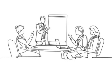 Single continuous line drawing of young happy business instructor teaching interpersonal skill to the attendees during presentation. Business training concept one line draw design vector illustration