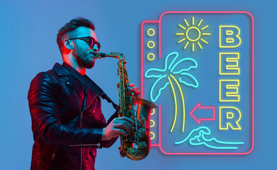 Young jazz musician playing the saxophone on gradient studio background in neon light neon sign...