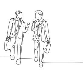 One single line drawing of two young company business men take a walk and talk together after company meeting. Business conversation concept continuous line draw design graphic vector illustration