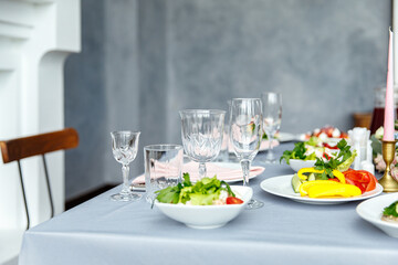 Table decorations for holidays and wedding dinner. Table set for holiday, event, party or wedding reception in outdoor restaurant