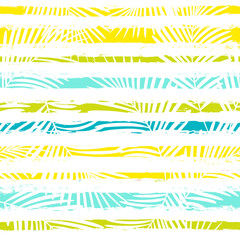 Tropical pattern, summer palm leaves seamless vector floral background. Exotic plant on stripes. spring nature jungle print. Leaves of palm tree on paint lines.