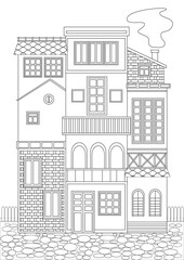 Coloring page with cute multi-tiered houses as a concept of European architecture, outline vector stock illustration for print in coloring