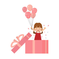 Sweet little girl makes a surprise birthday party with confetti and balloons from inside a huge gift box. Flat vector cartoon style isolated on white background