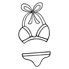 Bikini. Vector illustration.The swimsuit is feminine. Outline on an isolated white background. Sketch. Clothing for tanning and swimming. Doodle style. Mood to travel. Fashion and style. 