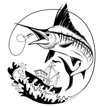 recommend clip art: Illustration of fishing on marlin. The swordfish on the waves with a fishing rod on the background of the boat. Fish logo. Sports hobby. Emblem for fishing clubs.