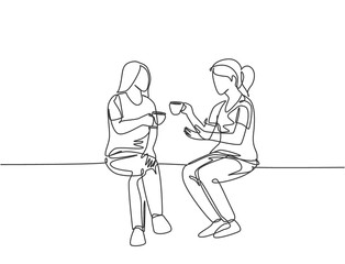 Single continuous line drawing of two young female worker have a casual chat over drink coffee during office break. Having small talk at work concept one line draw graphic design vector illustration