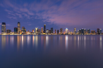 View on Jersey city skyscrapers at dusk with long exposure