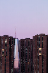 One world trade center behind building complex