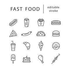 Fast food - line icon set with editable stroke. Simple outline style design. Collection of junk food icons. Vector illustration.