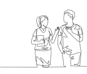 One continuous line drawing of young happy male and female couple take a talk and walk after course. Romantic lover relationship concept. Modern single line draw design vector illustration graphic