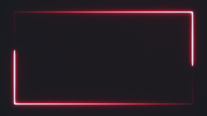 bright red neon rectangle frame at the screen edge formed by a couple of moving lines on black background. Abstract backdrop 3D rendering 4k video.