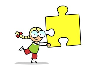 Mädchen hält großes Puzzleteil als Lösung Konzept