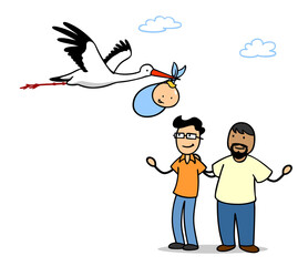 Schwules Paar mit Kinderwunsch bekommt Baby von Storch