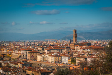 Fototapeta na wymiar FLORENCE, TUSCANY / ITALY - DECEMBER 27 2019: View from the top on Florence city in Italy