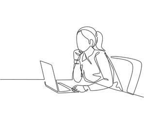 One single line drawing of young female employee sitting in front of the laptop and thinking business solution at the office. Business idea concept continuous line draw design vector illustration
