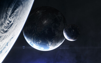 Planets in deep space in blue light. Science fiction. Elements of this image furnished by NASA