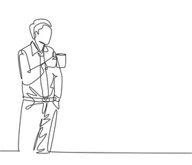 One continuous line drawing of young male worker standing and thinking his work while holding a cup of coffee during office break. Rest break at office concept single line draw design illustration