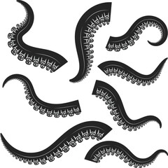 Set of octopus, squid tentacles  in engraving style. Design element for logo, label, emblem, sign, badge. Vector illustration