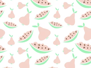 Rucksack vector seamless pattern with watermelons and pears in pastel colors for fabrics, paper, invitations, greeting cards, business card, textile © olgahalizeva