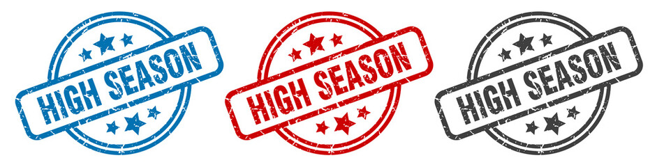 high season stamp. high season round isolated sign. high season label set