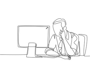 One continuous line drawing of young business manager sitting on his desk in front of laptop and thinking strategy to grow the corporate. Company growth concept single line draw design illustration