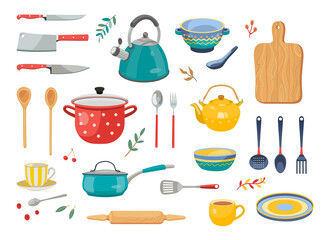 Modern various kitchen tools flat icon set. Kitchenware, cooking baking utensils isolated vector illustration collection. Cutlery and kitchen accessories concept