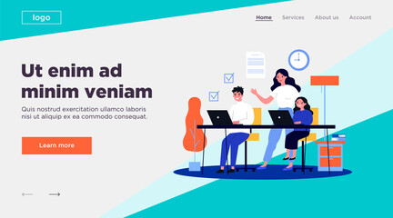 Female teacher explaining lesson to students. Boy and girl learning with tutor flat vector illustration. Education and examination concept for banner, website design or landing web page