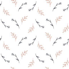 Fototapeta premium Cute with twigs and flowers square pattern on a white background. Doodle digital art line. Print for cards, wrapping paper, packaging, invitation, wedding