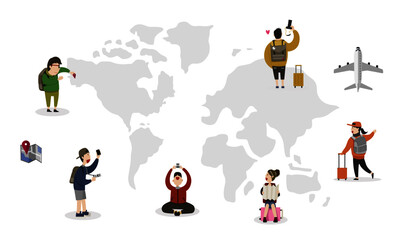 world map with tourist people cartoon