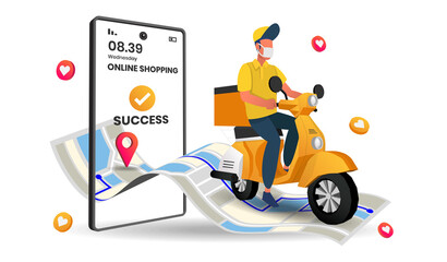 Food delivery service perspective landing page with bike transportation, Online shipping application, smartphone with gps mark on screen, 3d vector illustration.