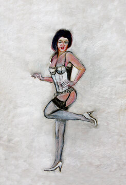 pinup fashion lingerie painting of a pretty woman posing in stockings and high heel shoes. 