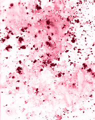 Red and pink paint splashes, spatters, dots and stains on a white background