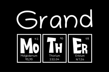 Grand Mother Text as Periodic Table of Mendeleev Elements for printing on t-shirt, mug, any gift, for Mother's day or birthday of Granny, trendy concept for june holiday, pattern for gift, family look