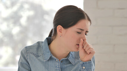 Cough, Portrait of Sick Young Girl Coughing at Work