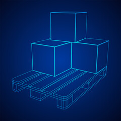 Obraz premium Cargo pallet for warehouse with stacked goods cardboard boxes. Logistics shipping concept. Wireframe low poly mesh vector illustration.